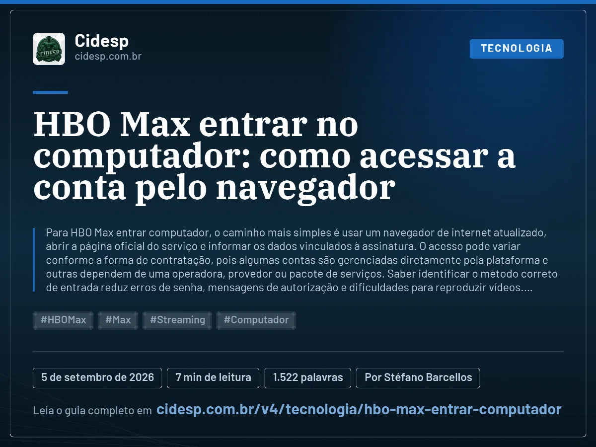 Cartão do artigo “HBO Max entrar no computador: como acessar a conta pelo navegador”, com resumo, data de publicação e endereço da página.