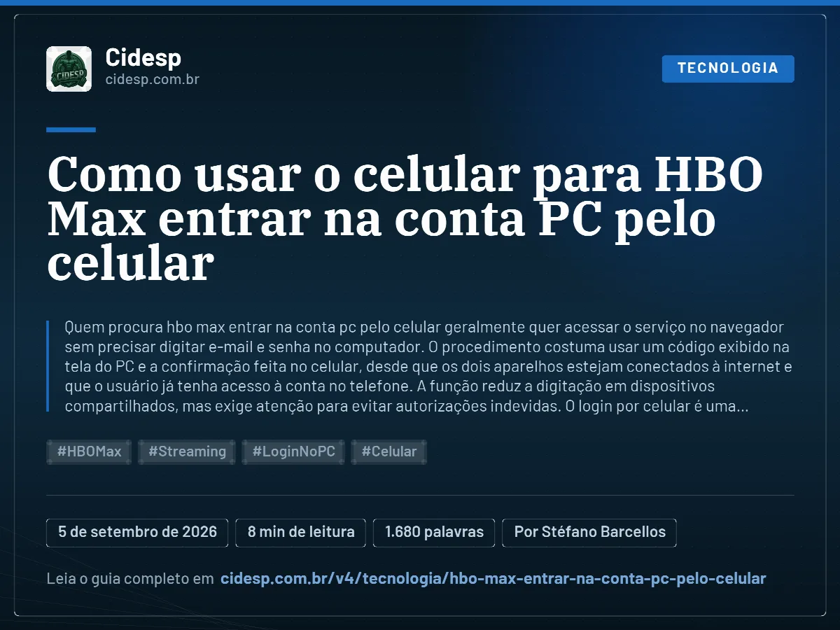Cartão do artigo “Como usar o celular para HBO Max entrar na conta PC pelo celular”, com resumo, data de publicação e endereço da página.