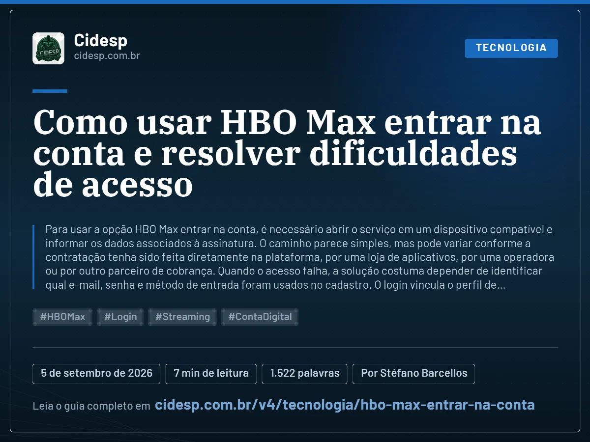 Cartão do artigo “Como usar HBO Max entrar na conta e resolver dificuldades de acesso”, com resumo, data de publicação e endereço da página.