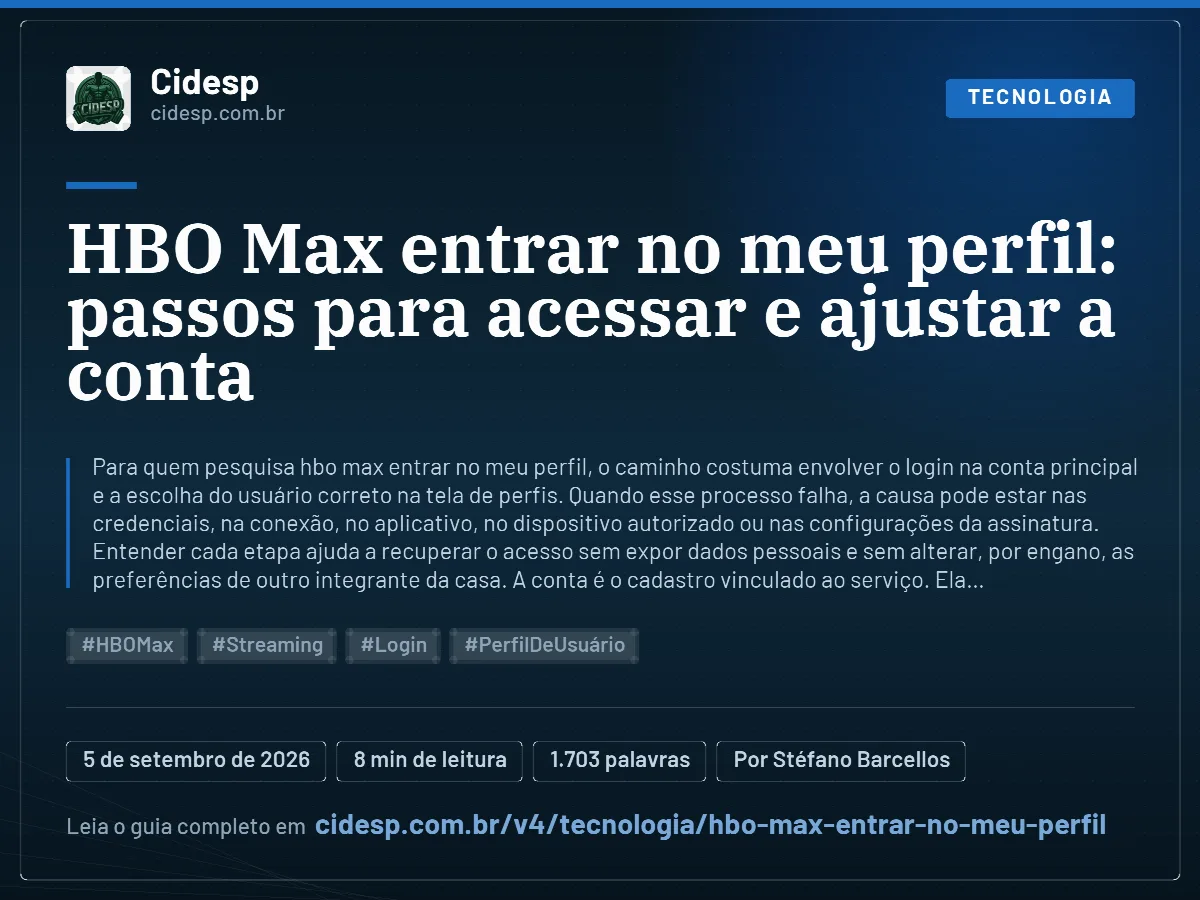 Cartão do artigo “HBO Max entrar no meu perfil: passos para acessar e ajustar a conta”, com resumo, data de publicação e endereço da página.