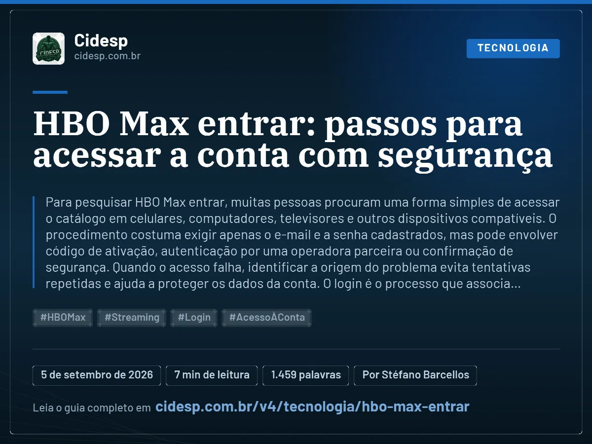 Cartão do artigo “HBO Max entrar: passos para acessar a conta com segurança”, com resumo, data de publicação e endereço da página.