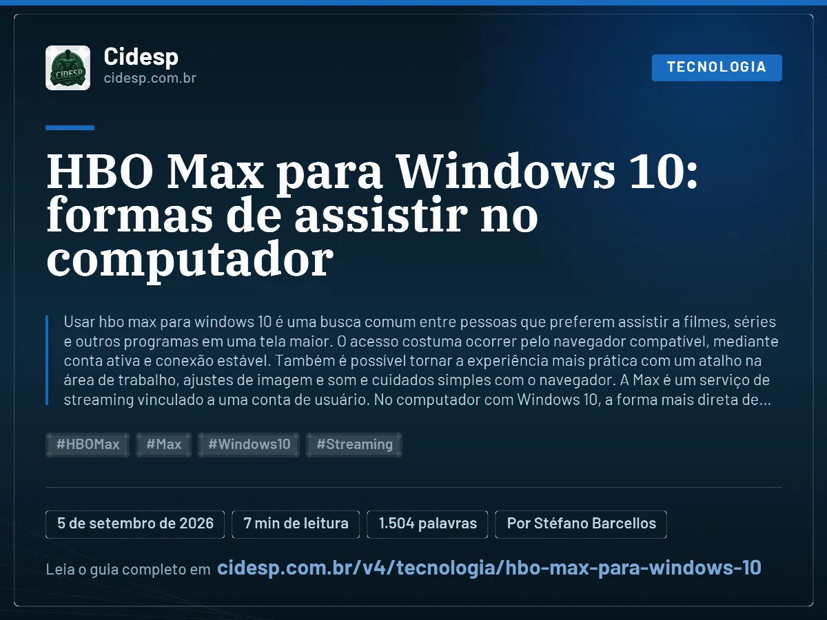 Cartão do artigo “HBO Max para Windows 10: formas de assistir no computador”, com resumo, data de publicação e endereço da página.