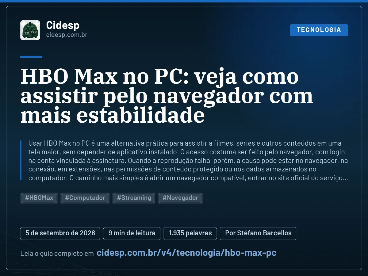 Cartão do artigo “HBO Max no PC: veja como assistir pelo navegador com mais estabilidade”, com resumo, data de publicação e endereço da página.