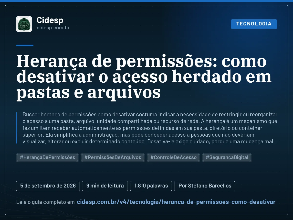 Cartão do artigo “Herança de permissões: como desativar o acesso herdado em pastas e arquivos”, com resumo, data de publicação e endereço da página.