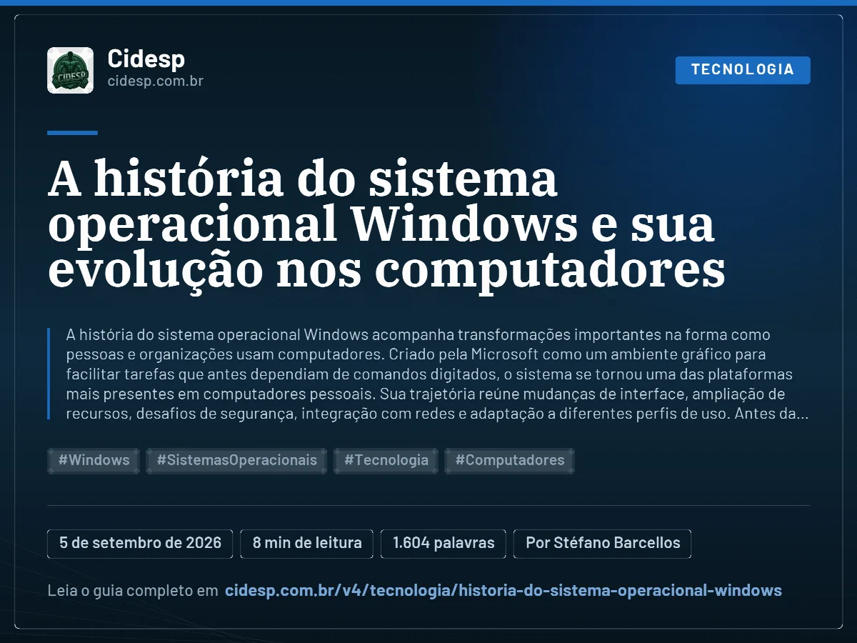 Cartão do artigo “A história do sistema operacional Windows e sua evolução nos computadores”, com resumo, data de publicação e endereço da página.