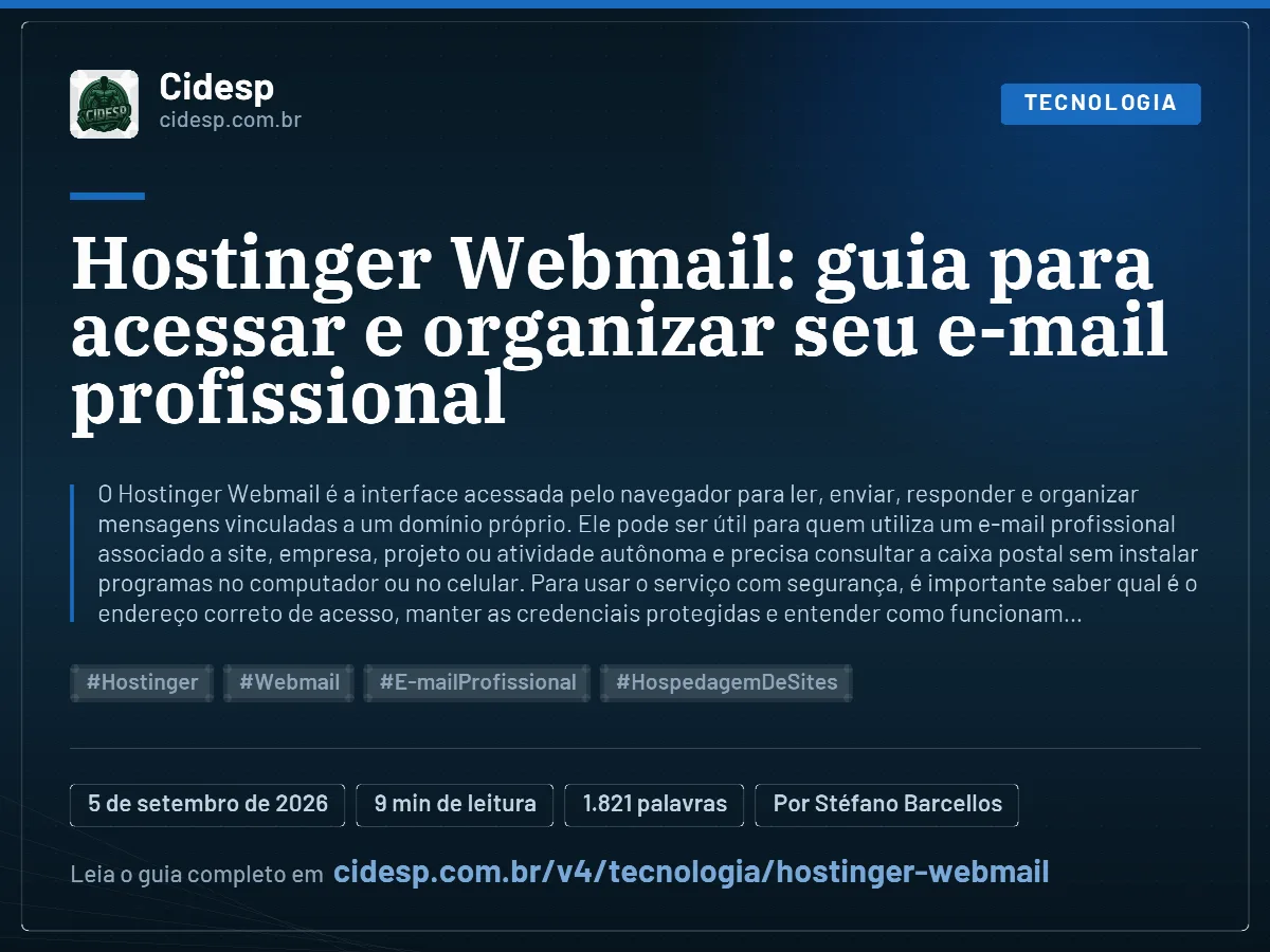 Cartão do artigo “Hostinger Webmail: guia para acessar e organizar seu e-mail profissional”, com resumo, data de publicação e endereço da página.