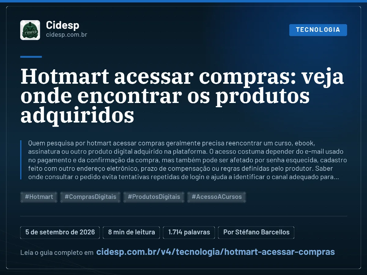 Cartão do artigo “Hotmart acessar compras: veja onde encontrar os produtos adquiridos”, com resumo, data de publicação e endereço da página.