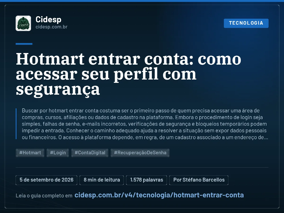 Cartão do artigo “Hotmart entrar conta: como acessar seu perfil com segurança”, com resumo, data de publicação e endereço da página.