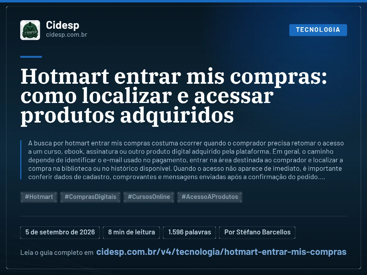Cartão do artigo “Hotmart entrar mis compras: como localizar e acessar produtos adquiridos”, com resumo, data de publicação e endereço da página.
