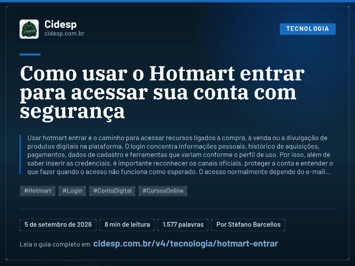 Cartão do artigo “Como usar o Hotmart entrar para acessar sua conta com segurança”, com resumo, data de publicação e endereço da página.