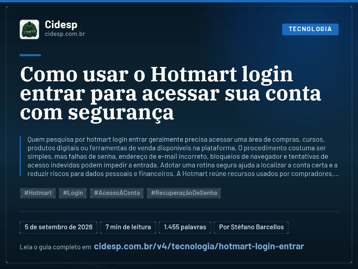 Cartão do artigo “Como usar o Hotmart login entrar para acessar sua conta com segurança”, com resumo, data de publicação e endereço da página.