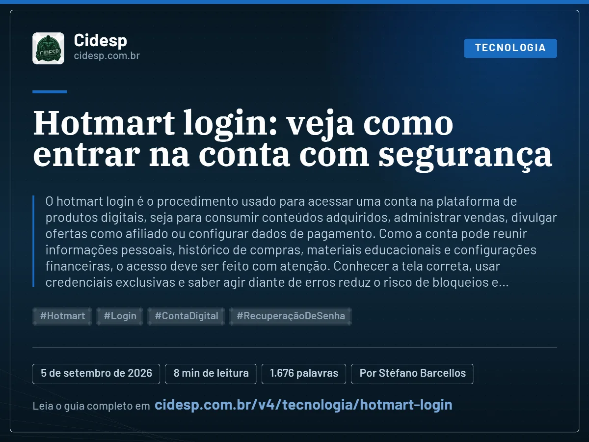 Cartão do artigo “Hotmart login: veja como entrar na conta com segurança”, com resumo, data de publicação e endereço da página.