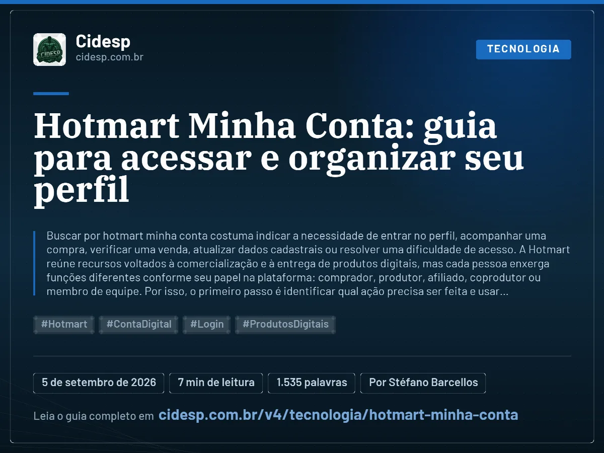 Cartão do artigo “Hotmart Minha Conta: guia para acessar e organizar seu perfil”, com resumo, data de publicação e endereço da página.