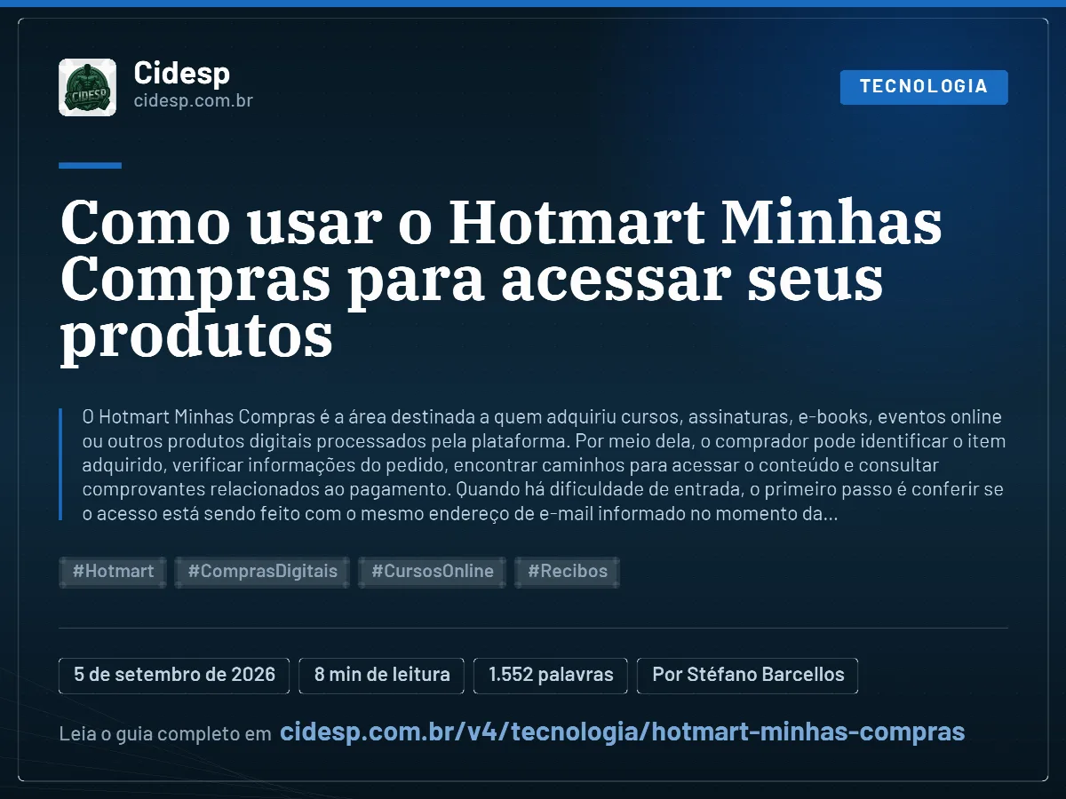 Cartão do artigo “Como usar o Hotmart Minhas Compras para acessar seus produtos”, com resumo, data de publicação e endereço da página.