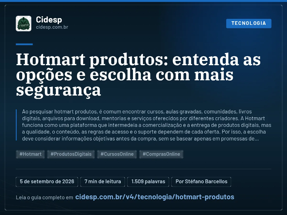 Cartão do artigo “Hotmart produtos: entenda as opções e escolha com mais segurança”, com resumo, data de publicação e endereço da página.