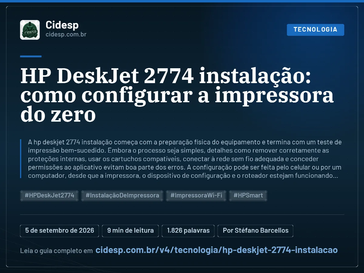 Cartão do artigo “HP DeskJet 2774 instalação: como configurar a impressora do zero”, com resumo, data de publicação e endereço da página.