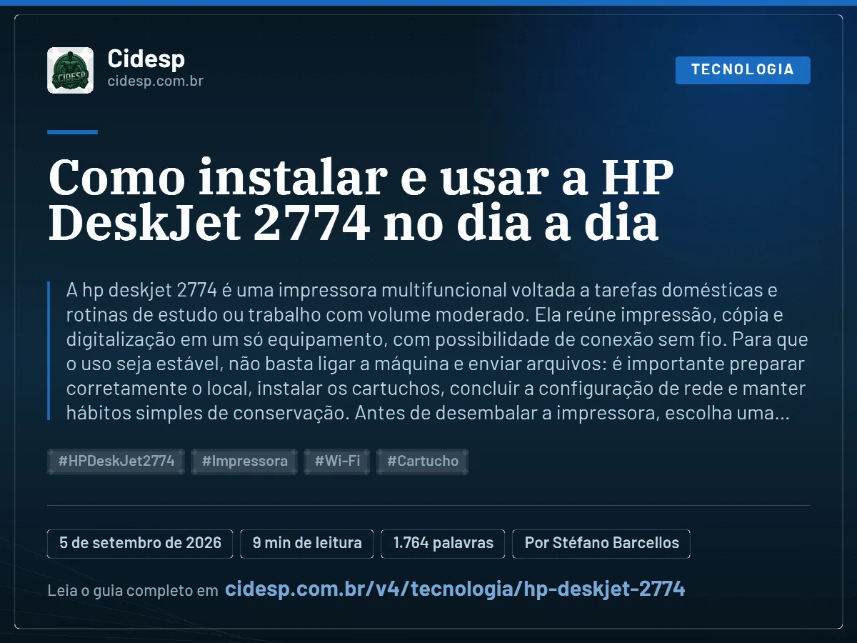 Cartão do artigo “Como instalar e usar a HP DeskJet 2774 no dia a dia”, com resumo, data de publicação e endereço da página.