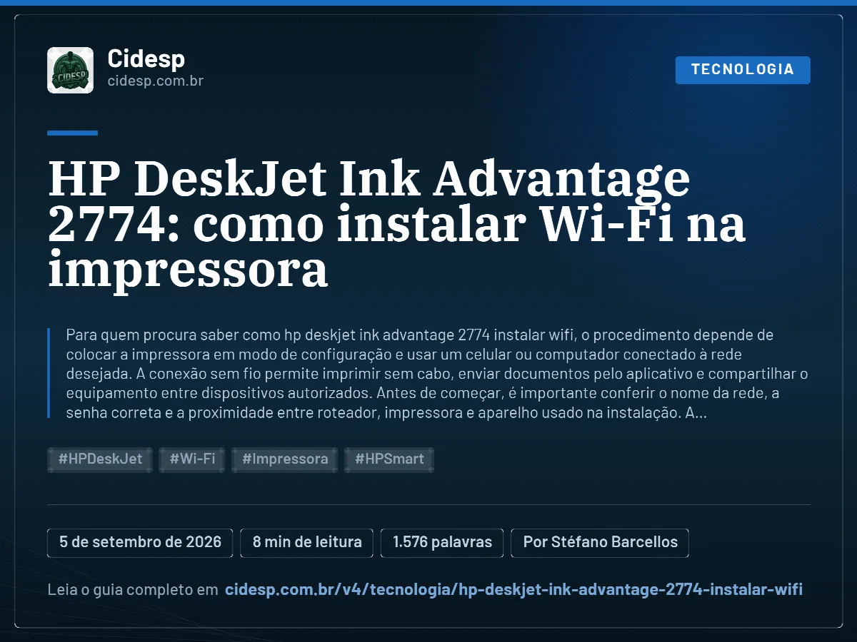 Cartão do artigo “HP DeskJet Ink Advantage 2774: como instalar Wi-Fi na impressora”, com resumo, data de publicação e endereço da página.