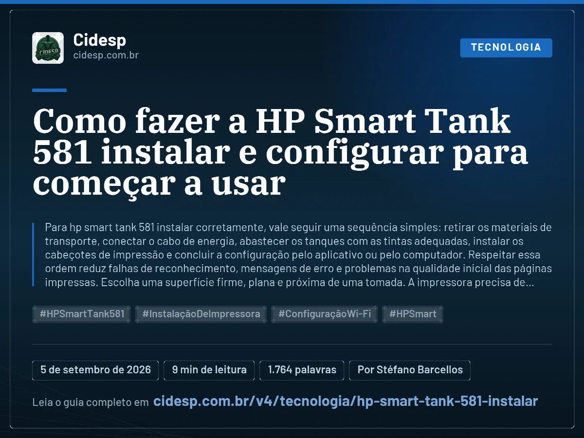 Cartão do artigo “Como fazer a HP Smart Tank 581 instalar e configurar para começar a usar”, com resumo, data de publicação e endereço da página.