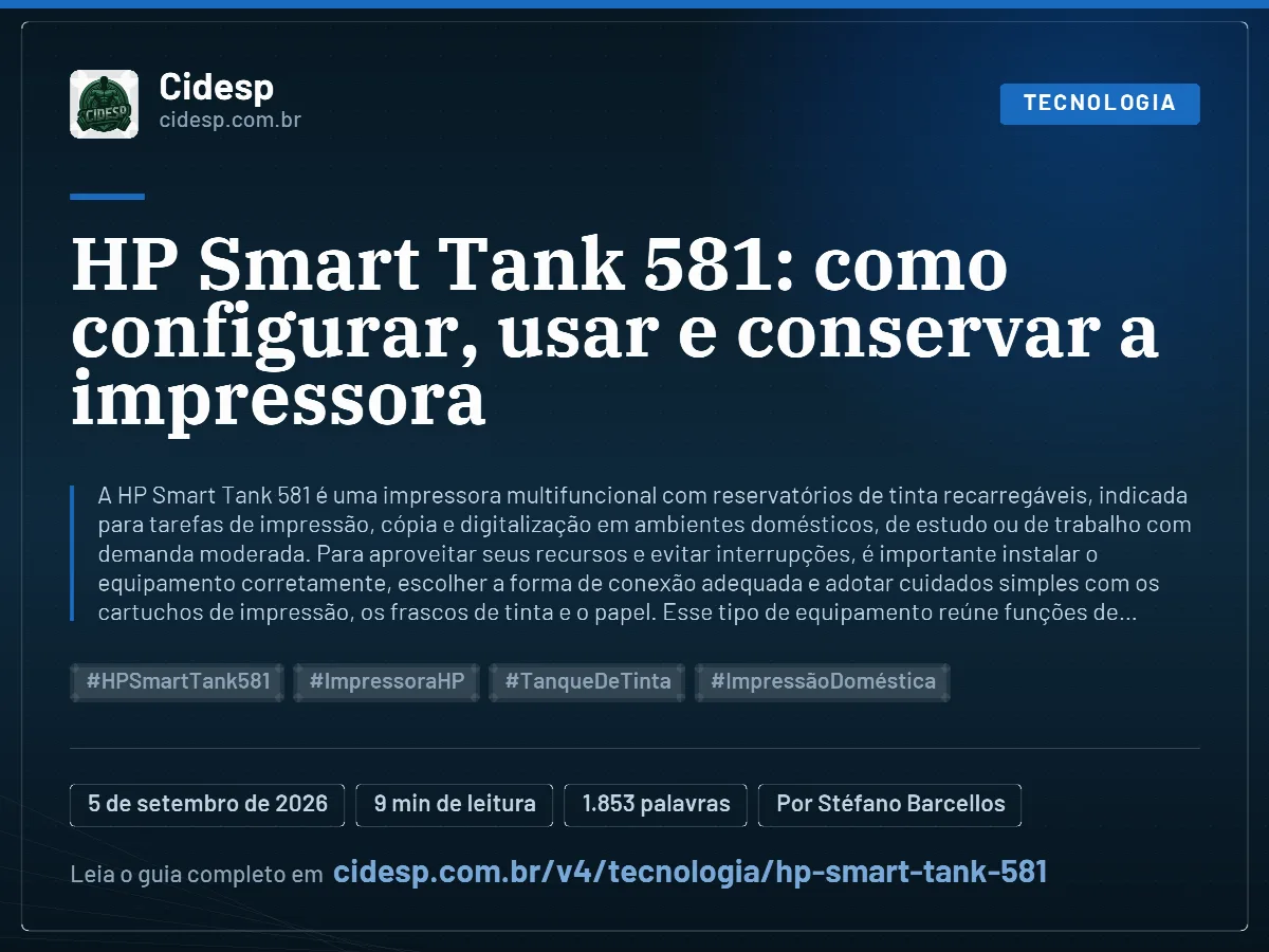 Cartão do artigo “HP Smart Tank 581: como configurar, usar e conservar a impressora”, com resumo, data de publicação e endereço da página.