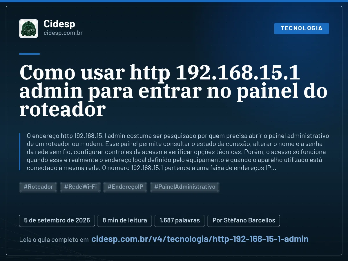 Cartão do artigo “Como usar http 192.168.15.1 admin para entrar no painel do roteador”, com resumo, data de publicação e endereço da página.