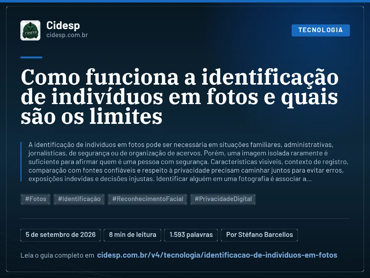 Cartão do artigo “Como funciona a identificação de indivíduos em fotos e quais são os limites”, com resumo, data de publicação e endereço da página.