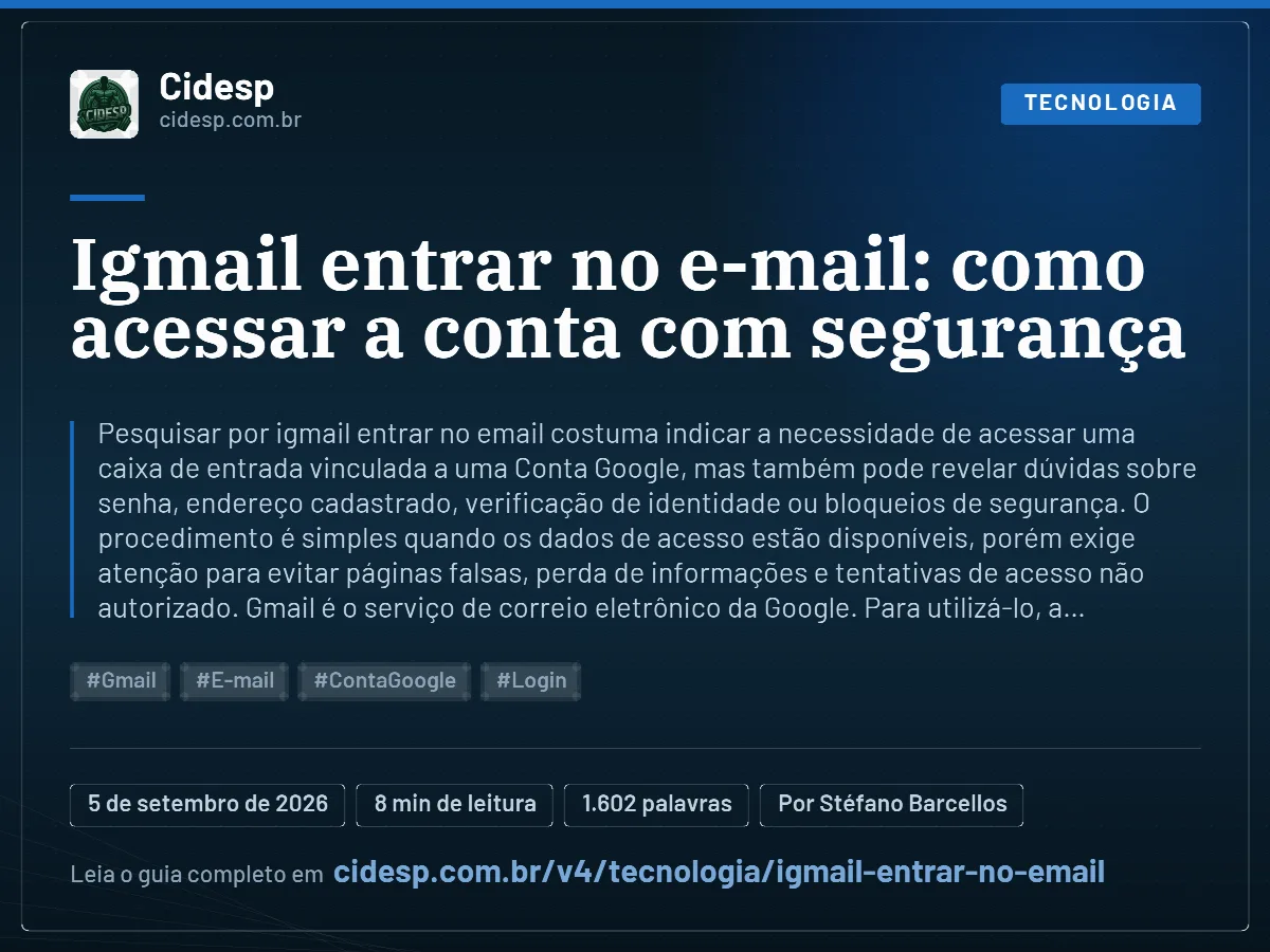 Cartão do artigo “Igmail entrar no e-mail: como acessar a conta com segurança”, com resumo, data de publicação e endereço da página.