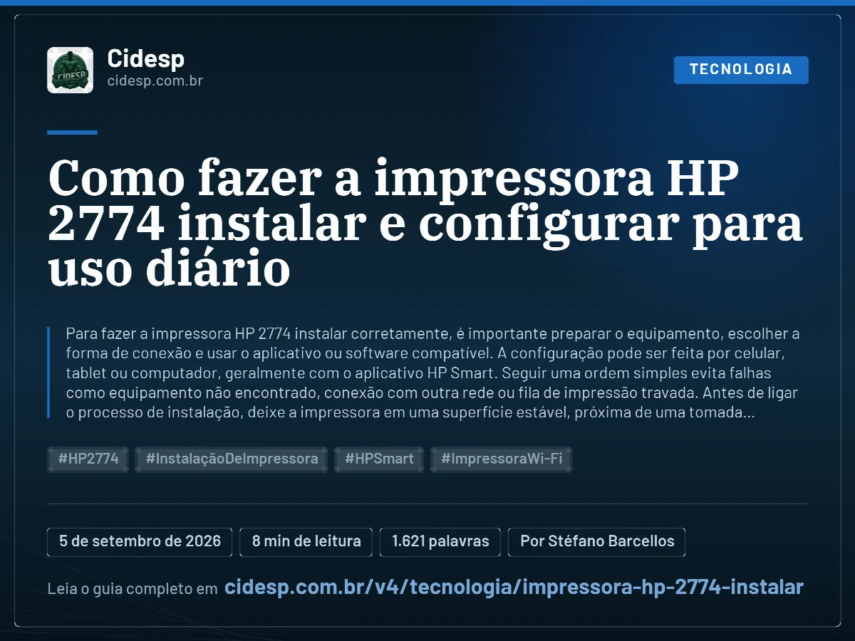 Cartão do artigo “Como fazer a impressora HP 2774 instalar e configurar para uso diário”, com resumo, data de publicação e endereço da página.