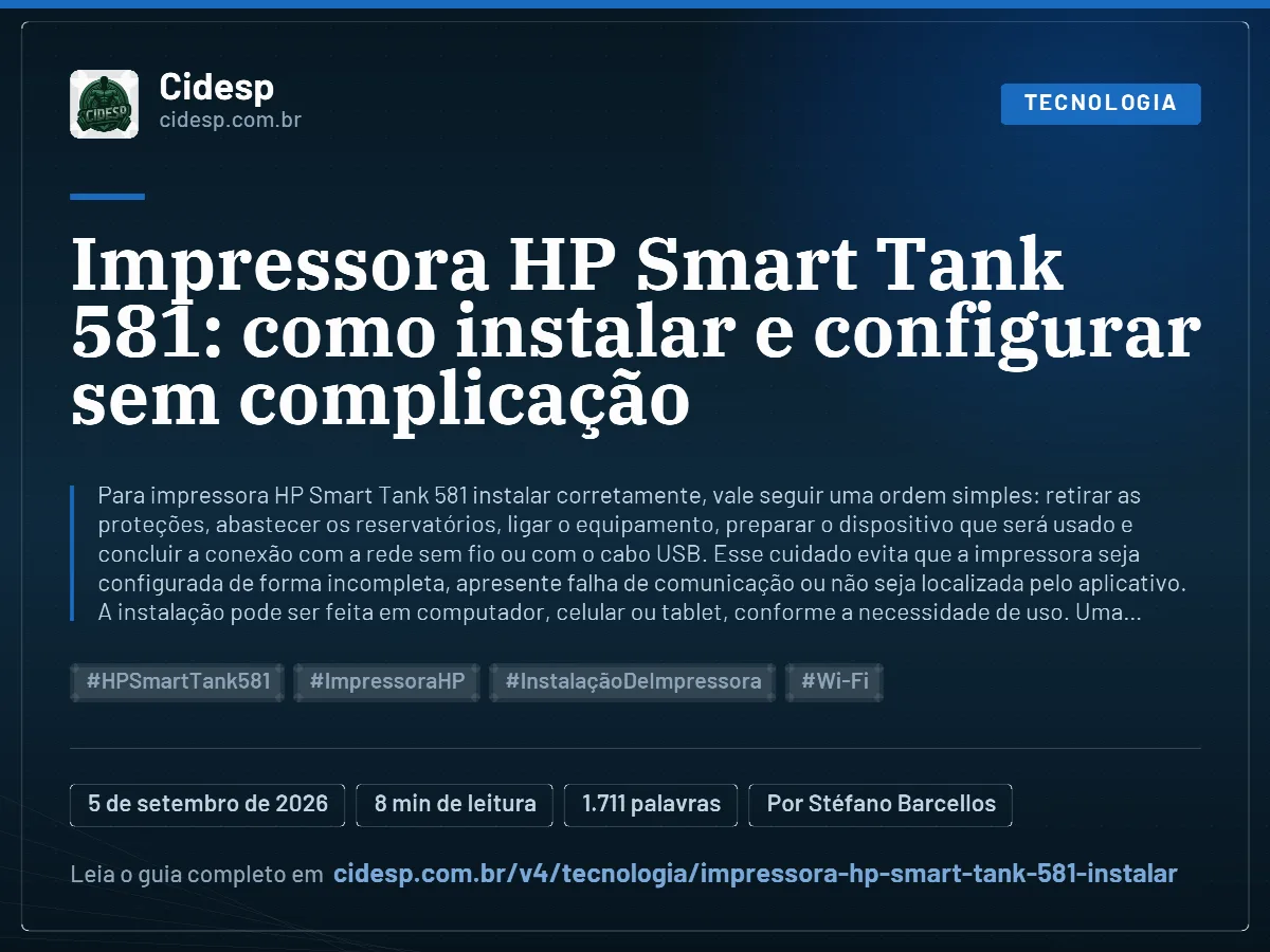Cartão do artigo “Impressora HP Smart Tank 581: como instalar e configurar sem complicação”, com resumo, data de publicação e endereço da página.