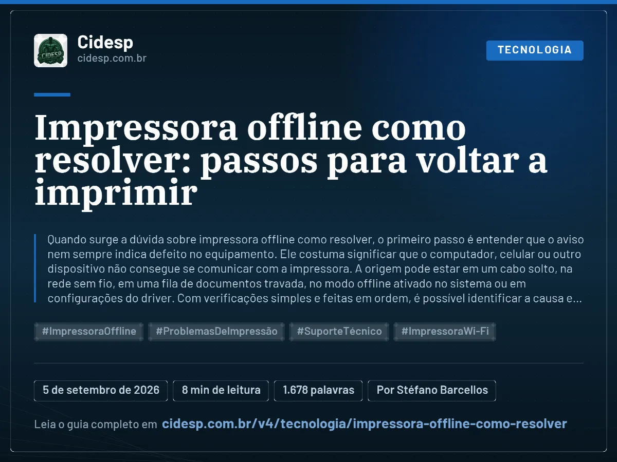 Cartão do artigo “Impressora offline como resolver: passos para voltar a imprimir”, com resumo, data de publicação e endereço da página.
