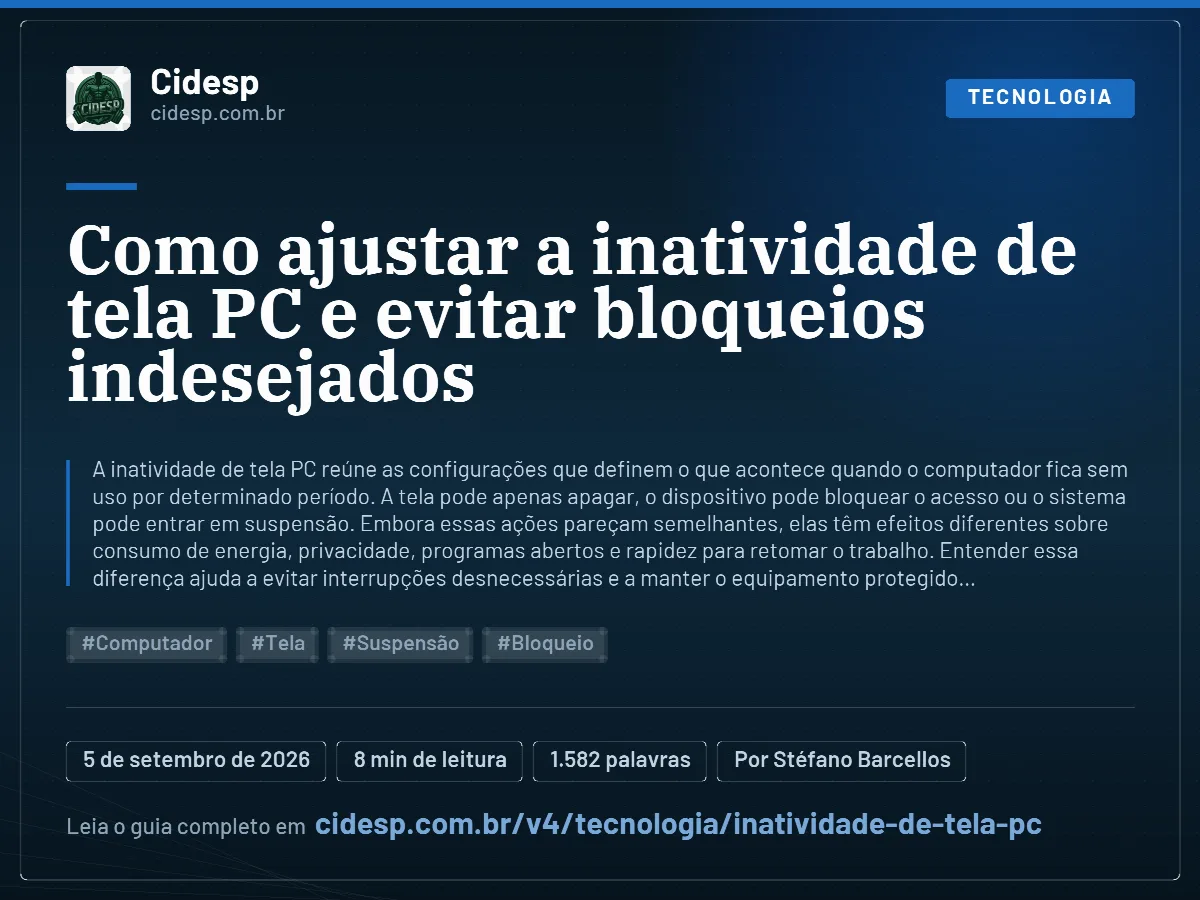 Cartão do artigo “Como ajustar a inatividade de tela PC e evitar bloqueios indesejados”, com resumo, data de publicação e endereço da página.