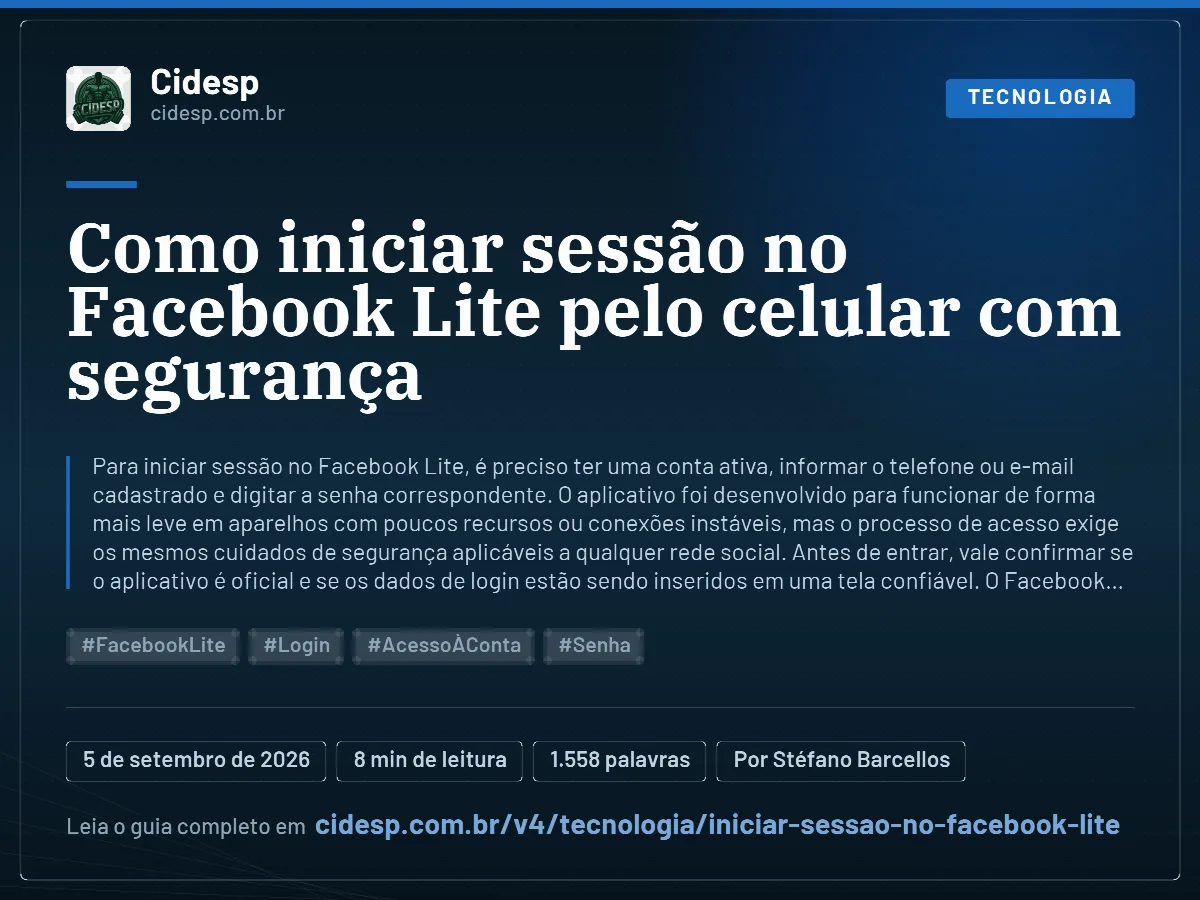 Cartão do artigo “Como iniciar sessão no Facebook Lite pelo celular com segurança”, com resumo, data de publicação e endereço da página.