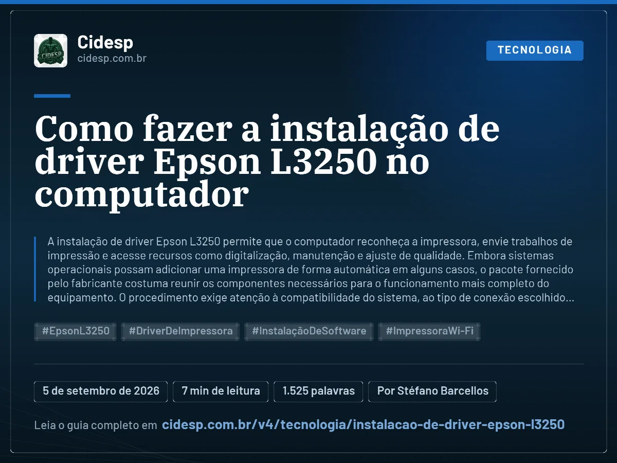 Cartão do artigo “Como fazer a instalação de driver Epson L3250 no computador”, com resumo, data de publicação e endereço da página.