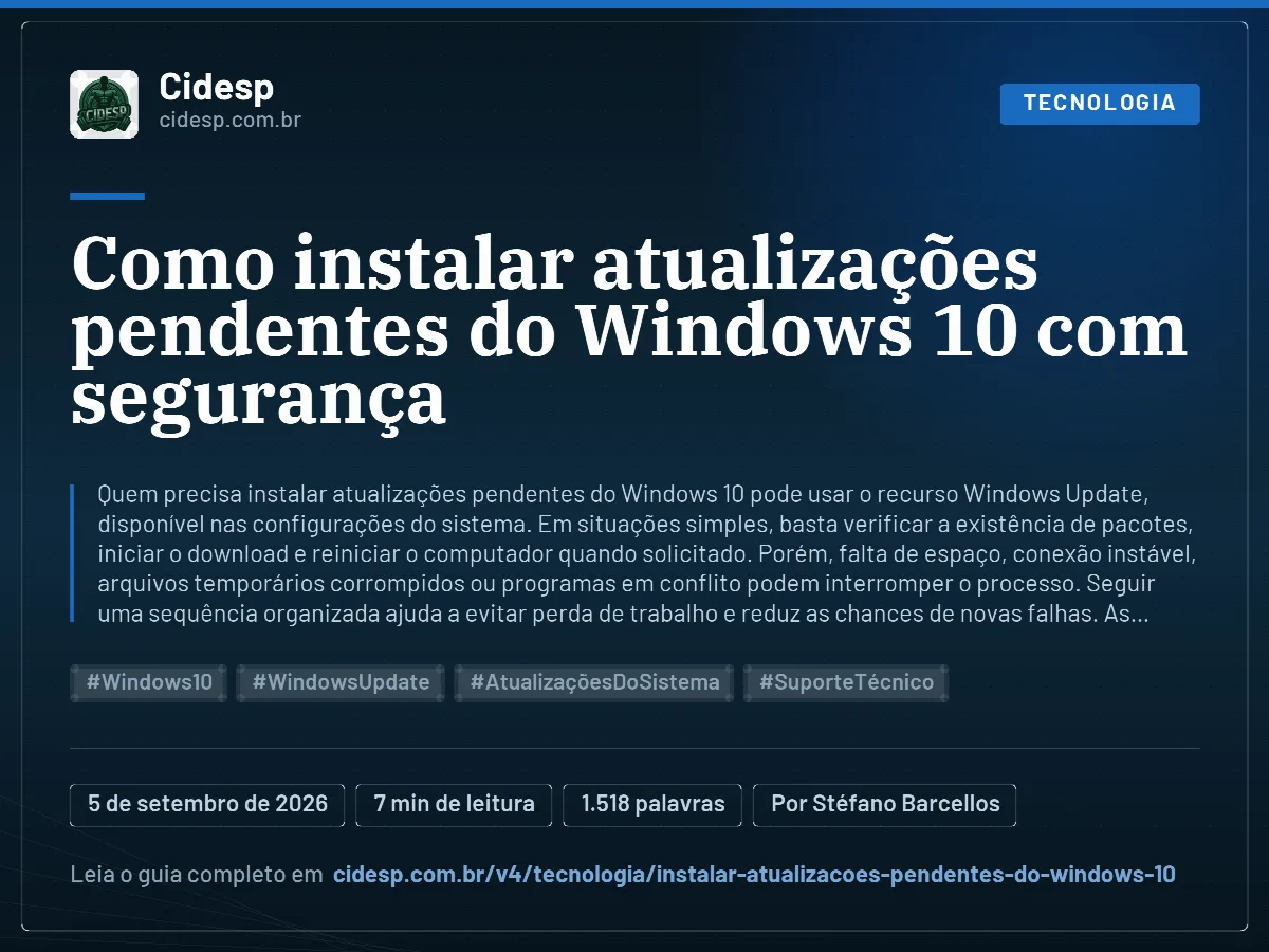 Cartão do artigo “Como instalar atualizações pendentes do Windows 10 com segurança”, com resumo, data de publicação e endereço da página.