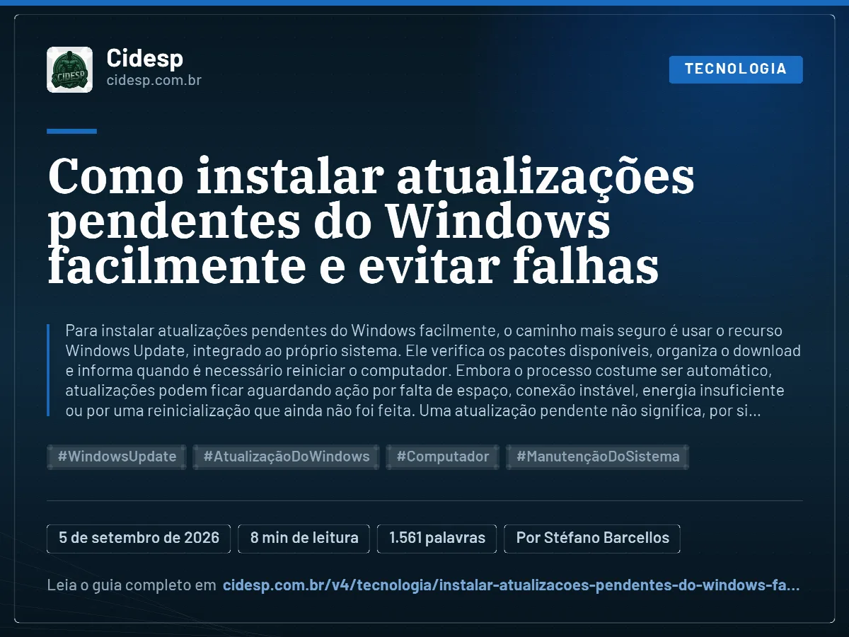 Cartão do artigo “Como instalar atualizações pendentes do Windows facilmente e evitar falhas”, com resumo, data de publicação e endereço da página.