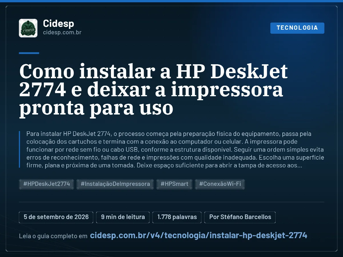 Cartão do artigo “Como instalar a HP DeskJet 2774 e deixar a impressora pronta para uso”, com resumo, data de publicação e endereço da página.