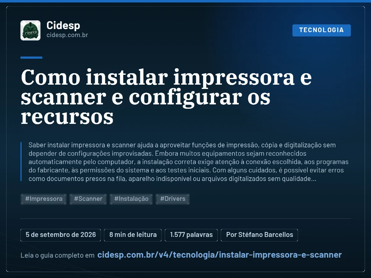 Cartão do artigo “Como instalar impressora e scanner e configurar os recursos”, com resumo, data de publicação e endereço da página.