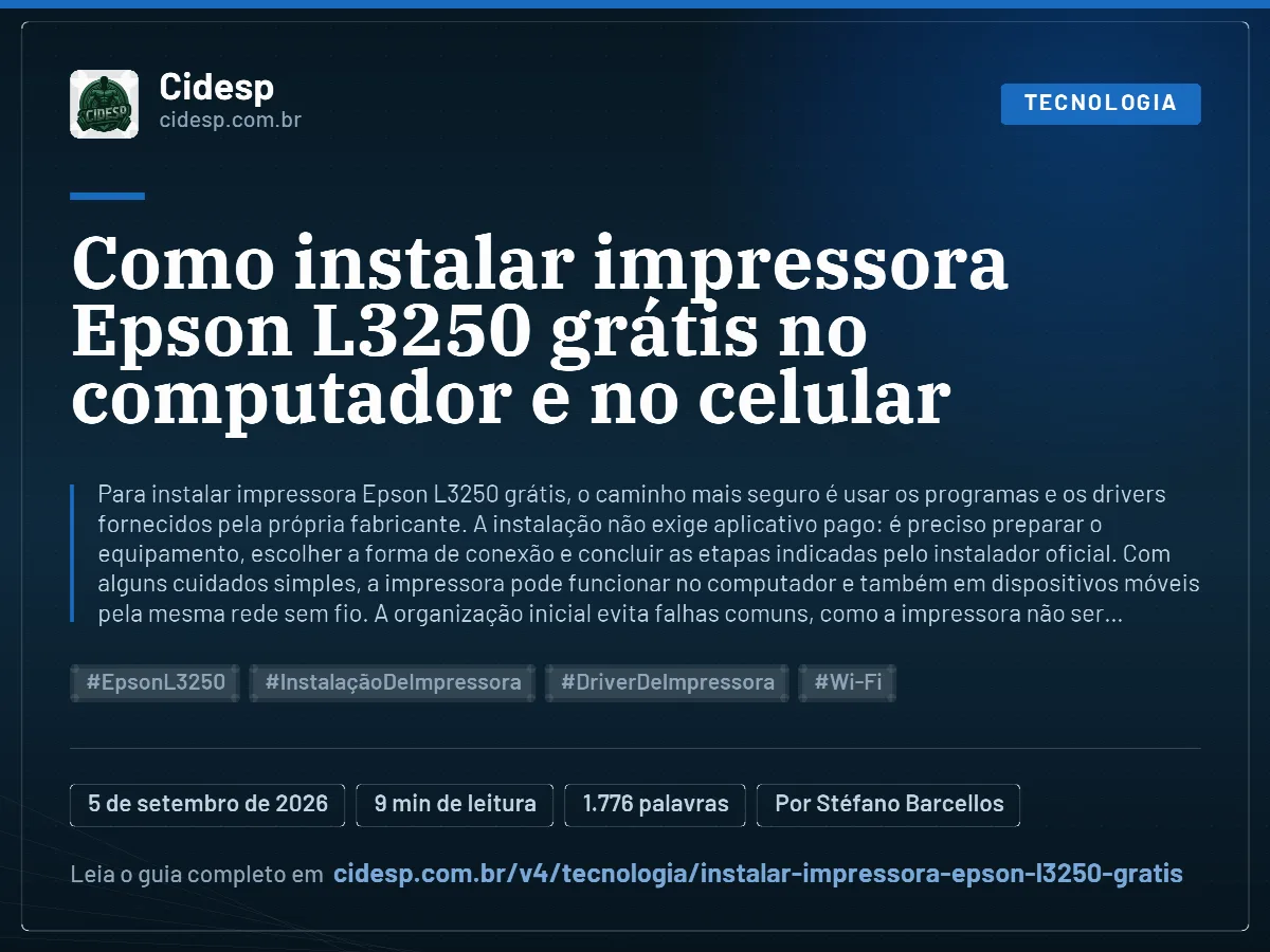 Cartão do artigo “Como instalar impressora Epson L3250 grátis no computador e no celular”, com resumo, data de publicação e endereço da página.
