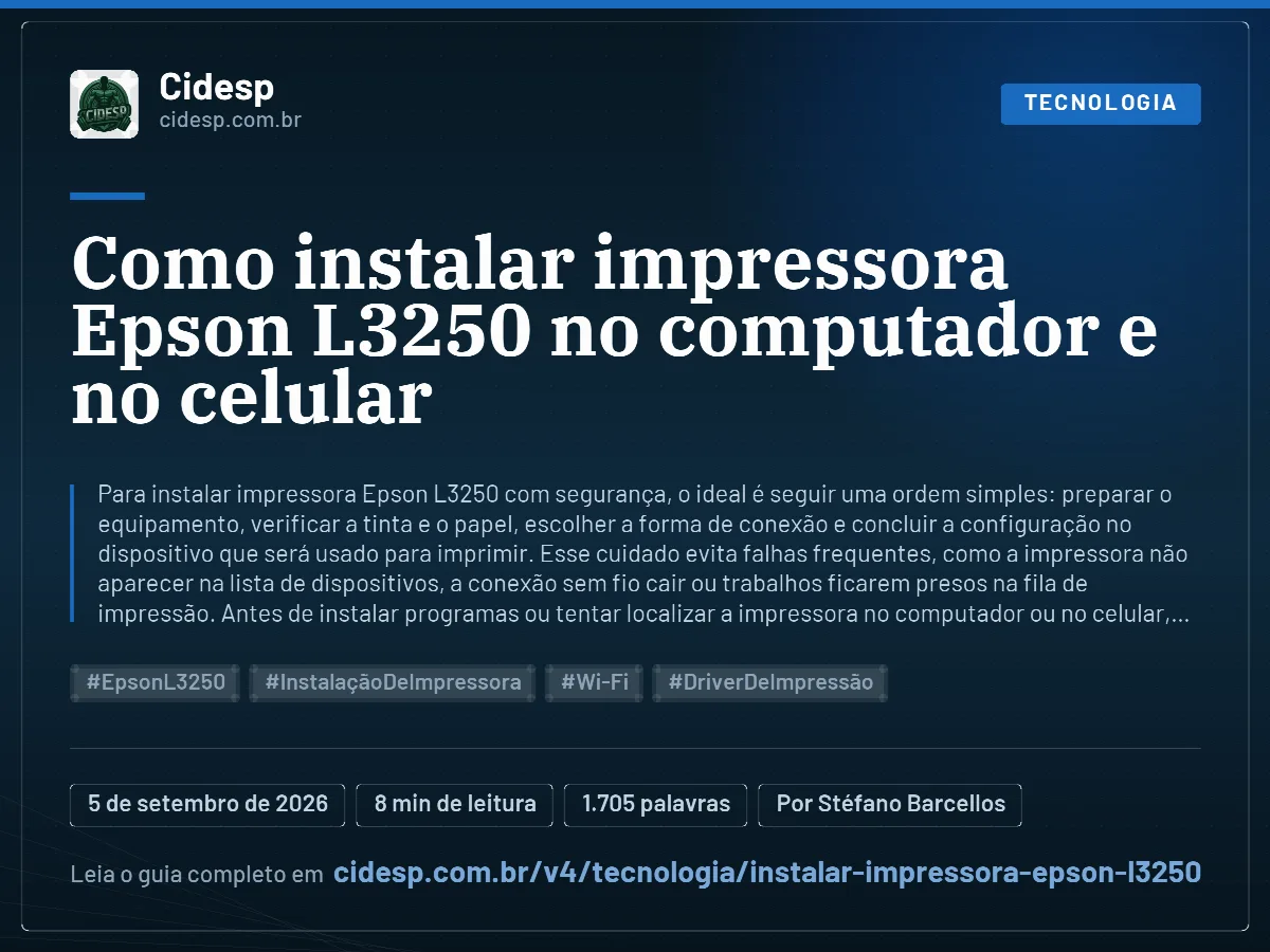 Cartão do artigo “Como instalar impressora Epson L3250 no computador e no celular”, com resumo, data de publicação e endereço da página.