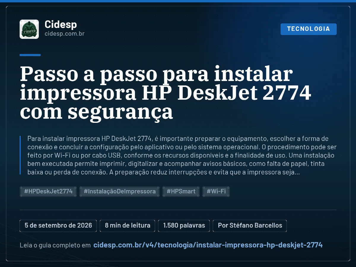 Cartão do artigo “Passo a passo para instalar impressora HP DeskJet 2774 com segurança”, com resumo, data de publicação e endereço da página.