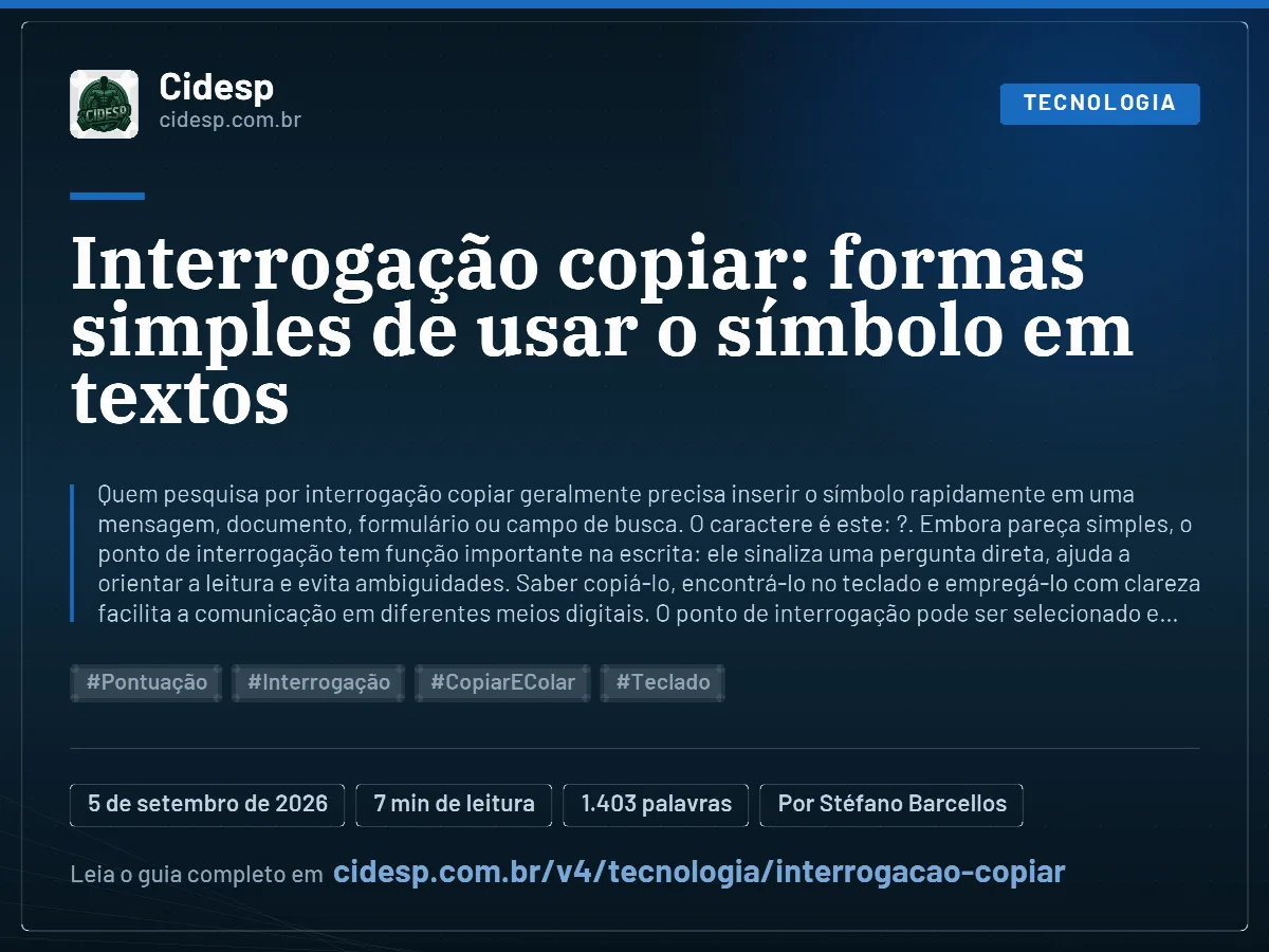 Cartão do artigo “Interrogação copiar: formas simples de usar o símbolo em textos”, com resumo, data de publicação e endereço da página.