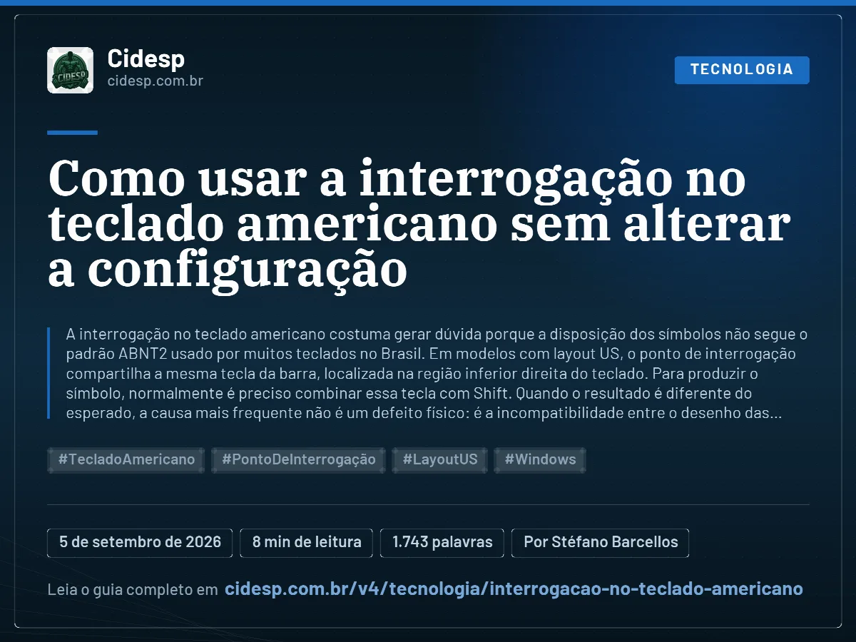 Cartão do artigo “Como usar a interrogação no teclado americano sem alterar a configuração”, com resumo, data de publicação e endereço da página.