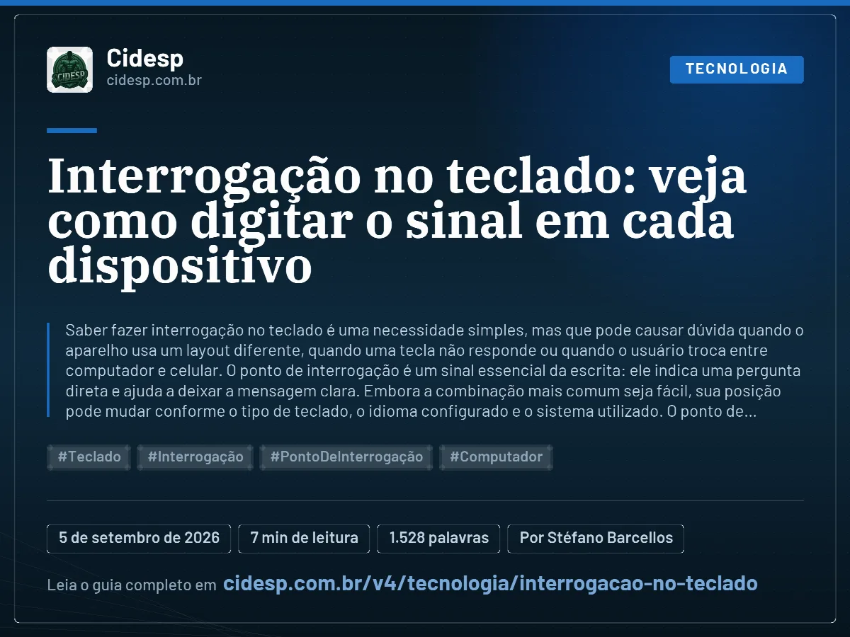 Cartão do artigo “Interrogação no teclado: veja como digitar o sinal em cada dispositivo”, com resumo, data de publicação e endereço da página.