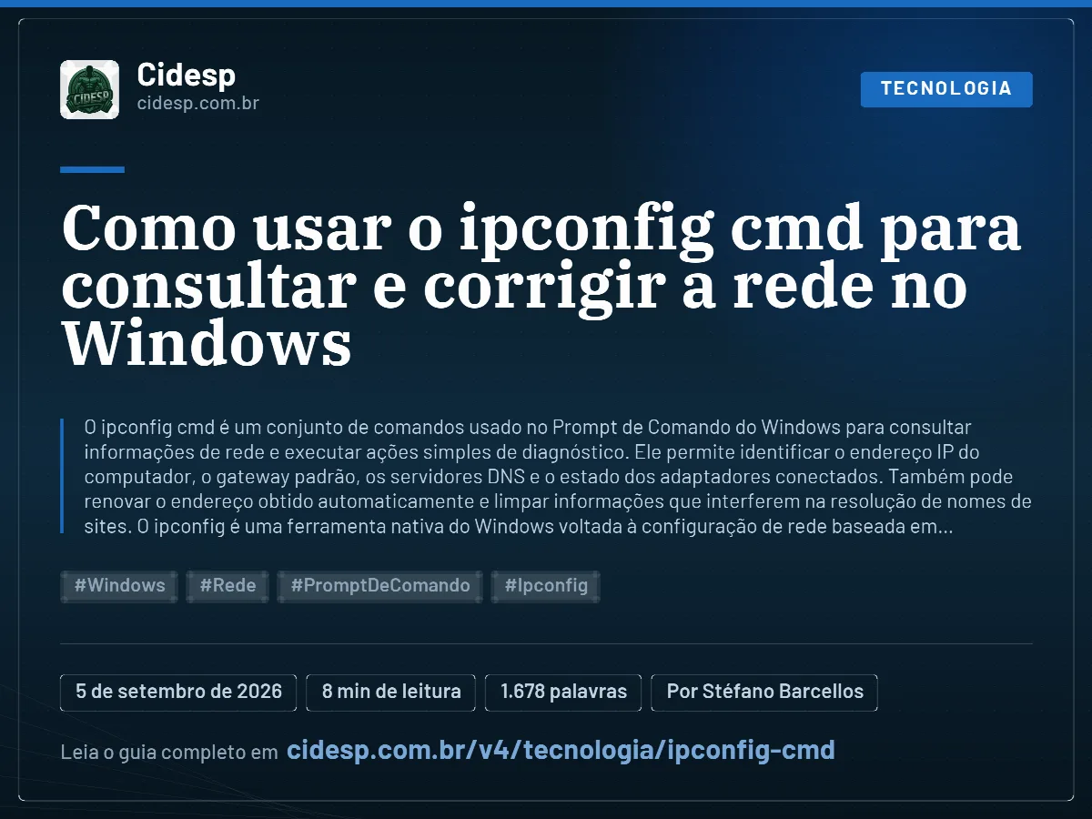 Cartão do artigo “Como usar o ipconfig cmd para consultar e corrigir a rede no Windows”, com resumo, data de publicação e endereço da página.