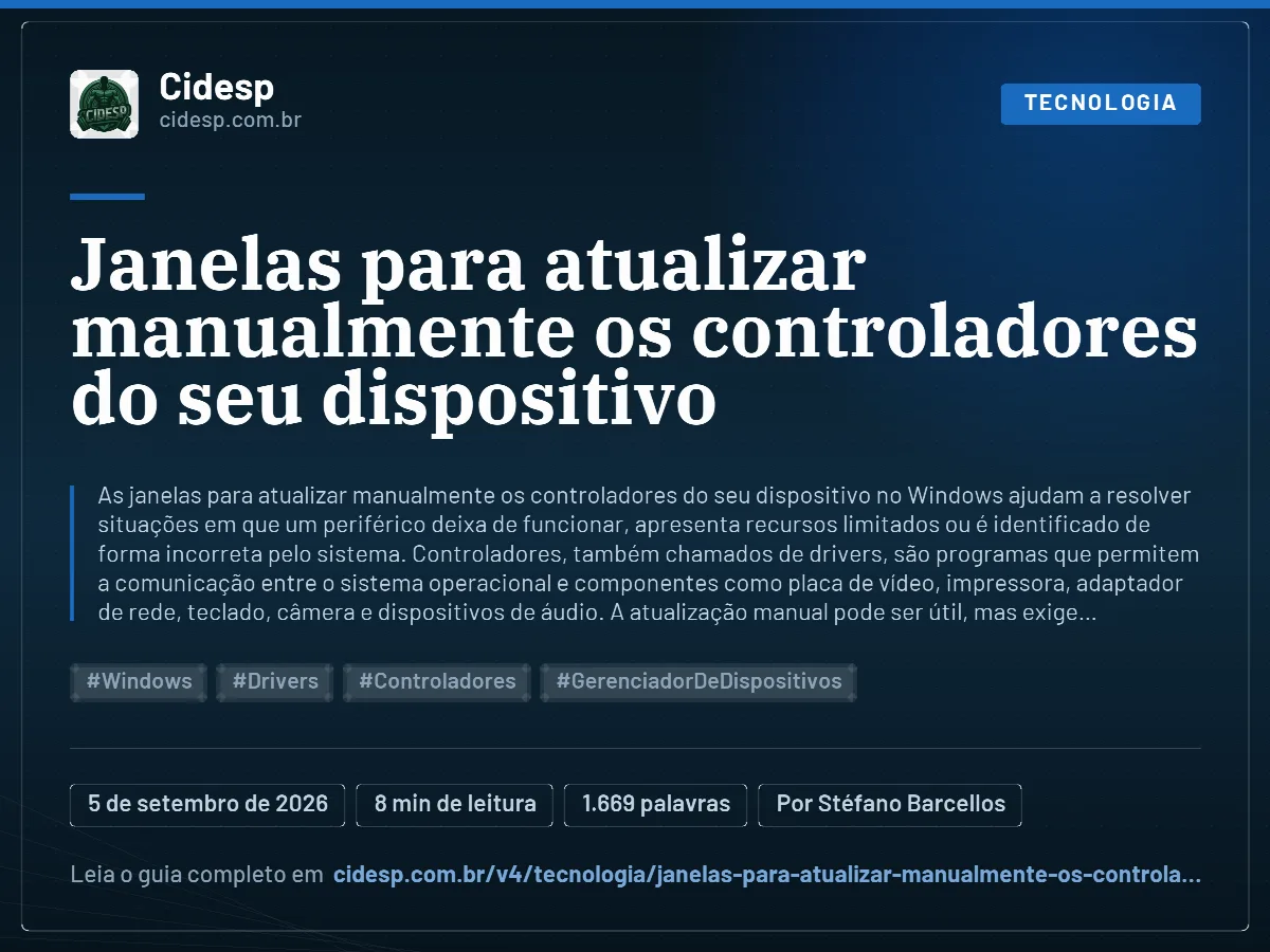 Cartão do artigo “Janelas para atualizar manualmente os controladores do seu dispositivo”, com resumo, data de publicação e endereço da página.