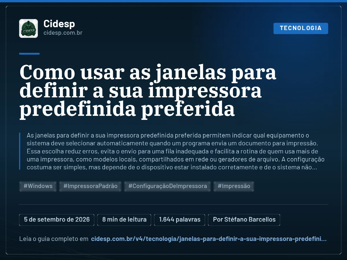 Cartão do artigo “Como usar as janelas para definir a sua impressora predefinida preferida”, com resumo, data de publicação e endereço da página.