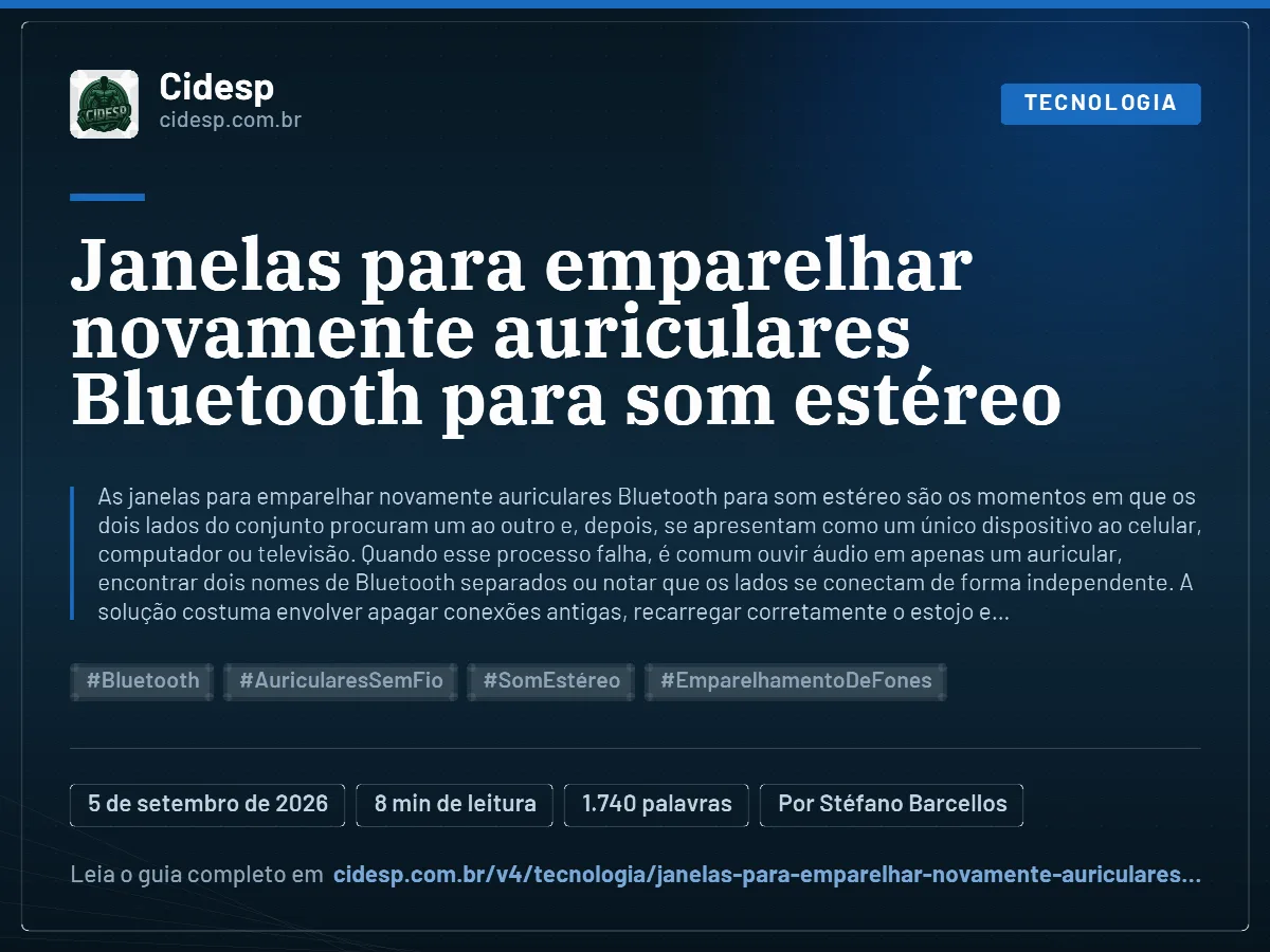 Cartão do artigo “Janelas para emparelhar novamente auriculares Bluetooth para som estéreo”, com resumo, data de publicação e endereço da página.