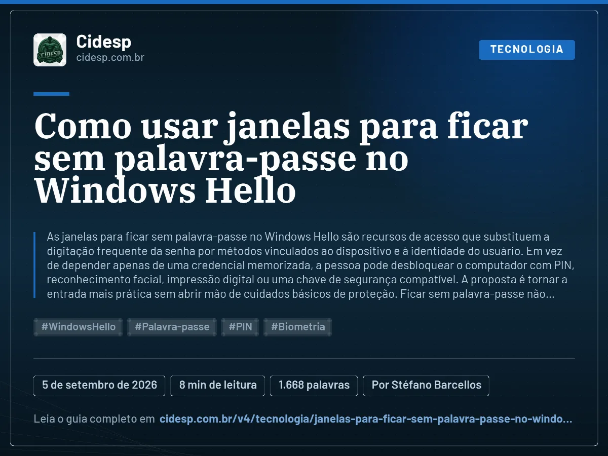 Cartão do artigo “Como usar janelas para ficar sem palavra-passe no Windows Hello”, com resumo, data de publicação e endereço da página.