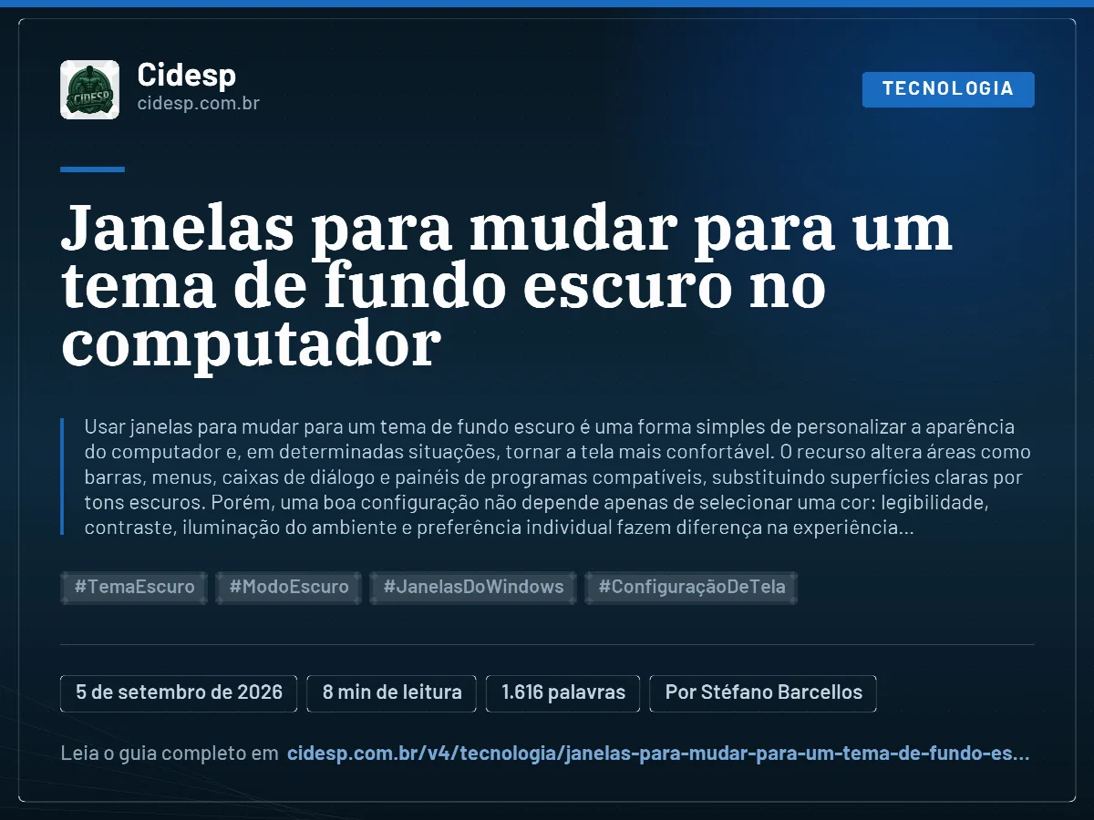 Cartão do artigo “Janelas para mudar para um tema de fundo escuro no computador”, com resumo, data de publicação e endereço da página.