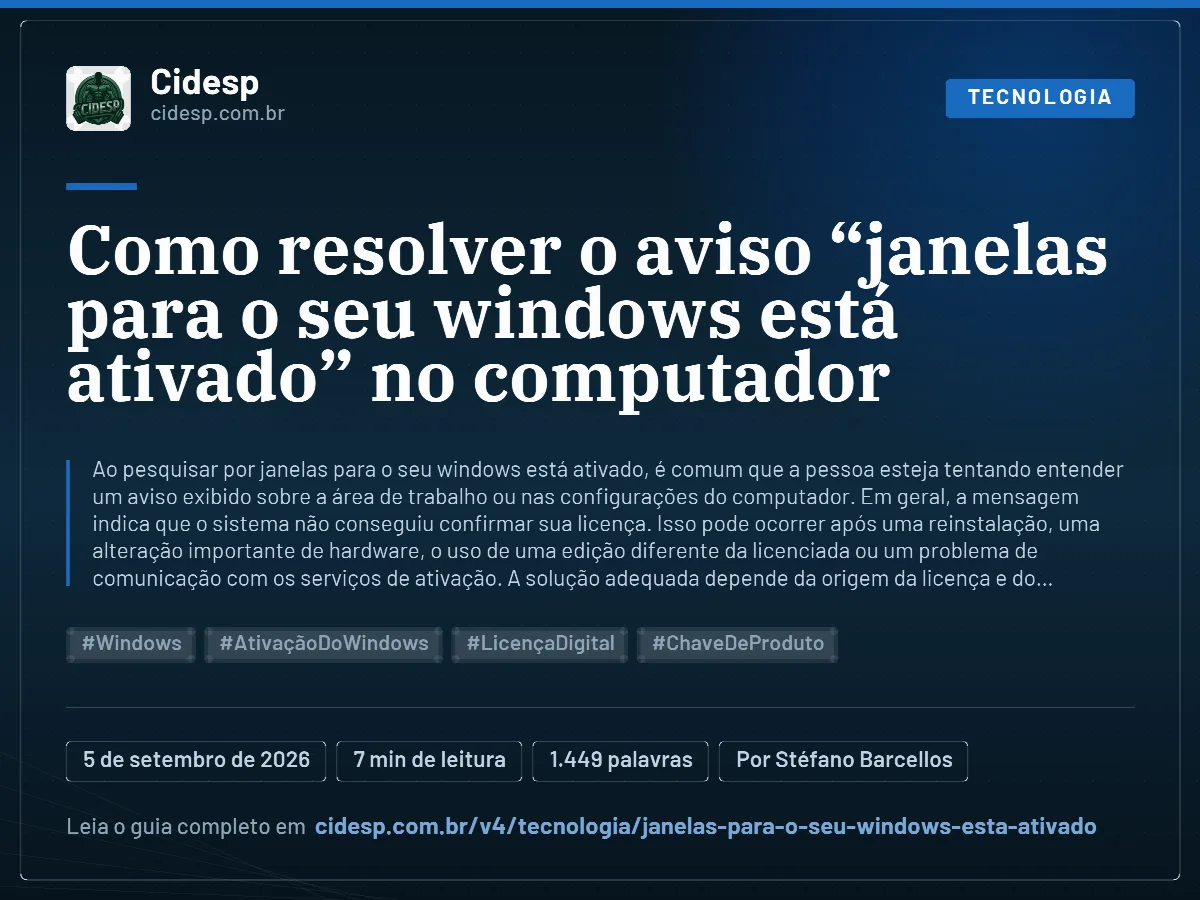 Cartão do artigo “Como resolver o aviso “janelas para o seu windows está ativado” no computador”, com resumo, data de publicação e endereço da página.